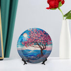 Stained Glass Theme Decorative Ceramic Plate Round Porcelain Plate,6 inch,Cherry Tree Pattern,for Decorative Ornaments Giving Plates, 1 Plate with 1 Display Stand,Blue Pink