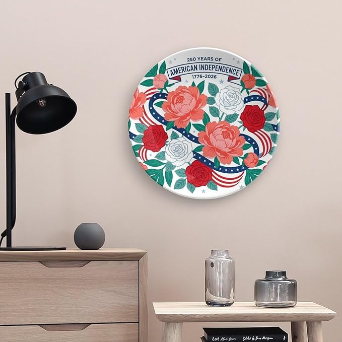 250th Anniversary Decorative Plates 10 Inch Modern Floral Patriotic Decorations Commemorative Plates with Stand Memorial Day 4th of July Veterans Day Home & Office