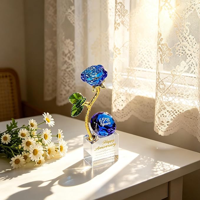 YWHL 65th Wedding Anniversary Rose Gifts for Parents Grandparents, 65 Years Happy for Couples, Crystal Rose Figurine with Blue Diamond, Romantic Valentines Day Present for Her Him