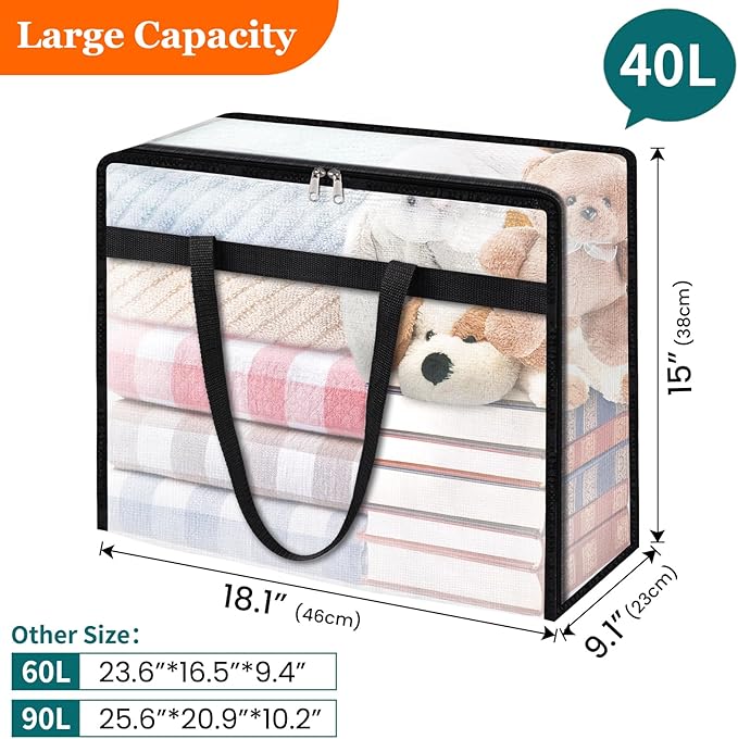 6 Pack Clear Storage Bags for Comforter, Clothes & Bedding, Plastic Blanket Storage with Zipper and Handle, Moving Bags, Closet Organizer and Under-Bed Storage (40L)