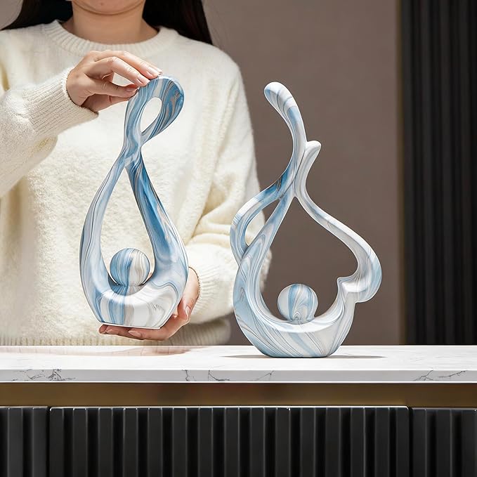 Blue Marble Abstract Sculptures Set of 2, Faux Marble Ceramic Statues, Coffee Table Centerpiece for Living Room, Entryway, Office, Shelf, Dresser Decor (11.22"&12.01" H)