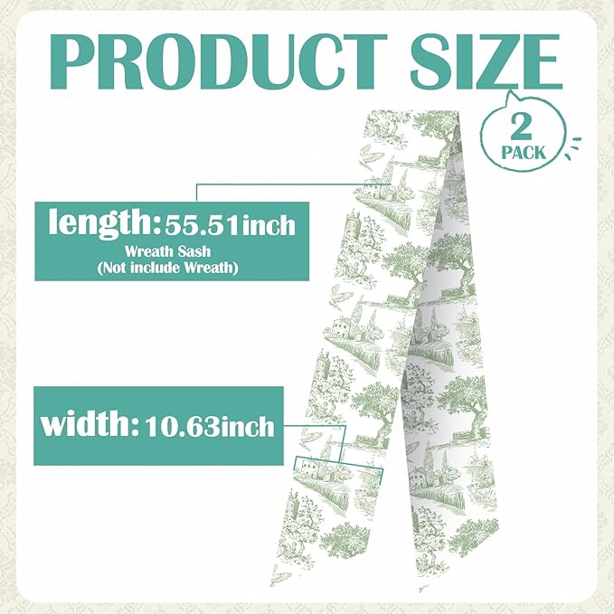 Green Wreath Sashes for Front Door - 2 Pcs Greenery French Toile Sash for Wreath Garland Indoor Outdoor, Rustic Wreaths Sash for Embroidery Monogram Farmhouse