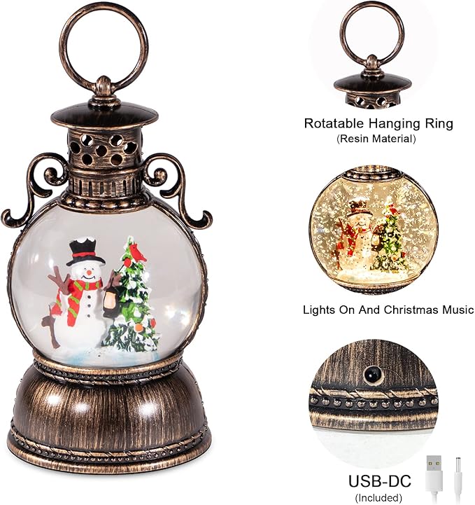 Christmas Snow Globes Lantern Musical,6H Timer Cylinder Glitter Snow Globe,Bronze Snow Globes Christmas with Music Box Including 8 Songs,Lantern with Xmas Tree Snowman Decor