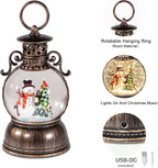 Christmas Snow Globes Lantern Musical,6H Timer Cylinder Glitter Snow Globe,Bronze Snow Globes Christmas with Music Box Including 8 Songs,Lantern with Xmas Tree Snowman Decor