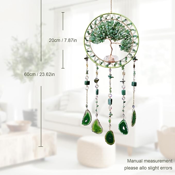 Tree Life Dream Catcher and Sun Catcher, Handmade Healing Crystal Boho Window Hanging for Home Decor, Rainbow Maker Wall Decor, for Women, Housewarming (Green)