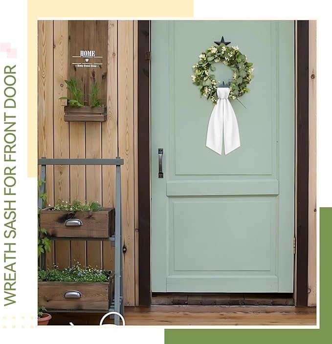 2 Pcs White Wreath Sash for Front Door Linen Wreath Ribbon Bow for Yard Porch Garland Home Decor
