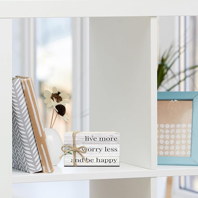 Live More Worry Less Decorative Wood Book Stack for Table, Farmhouse Stacked Books (L11)