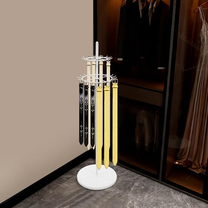 Floor Standing Belt Display, 66 Inch Tie Rack Belt Display Shelf with 31 Hooks, Adjustable Feet Belt Display Stand for Clothing Stores, Retail Stores (White)