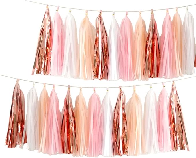 Tissue Tassel Garland and Paper Tassel Banner for Baby Girl Shower Decorations,Pink, White,Peach,Rose Gold,20 Pcs
