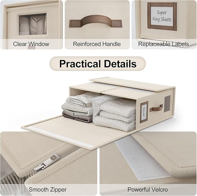 6 Pack Foldable Bed Sheets Set Organizers and Storage(Cal King Size),Linen Fabric Closet Organizers with Window,Folding Bedding Storage Box for Bedsheets and Pillow Cube Organizer-Beige