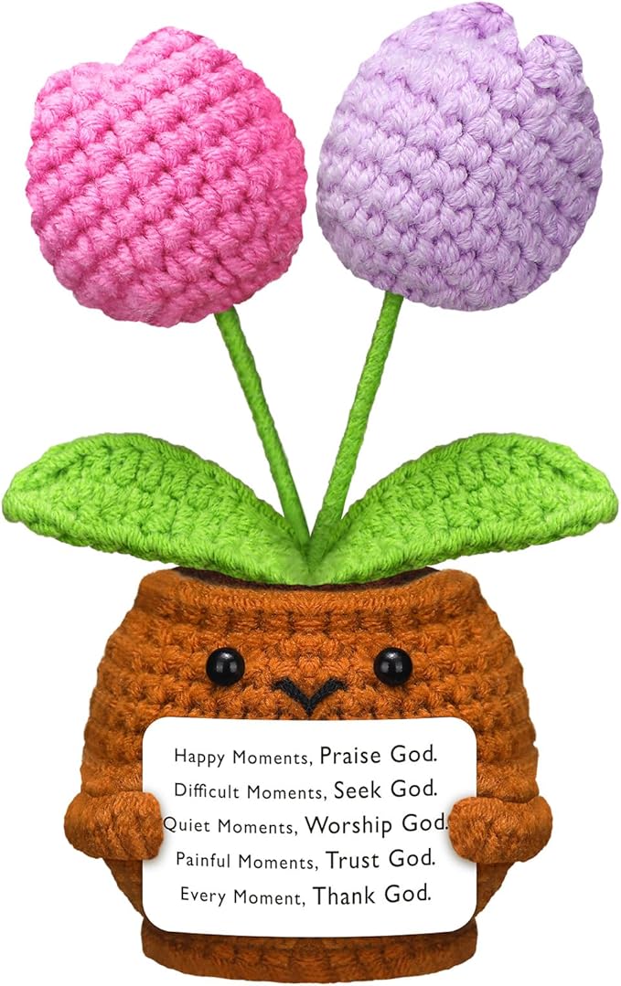 Wavwavw Christian Gift for Women Positive Handmade Tulips Flower Crochet Doll with Bible Verse Prayer Card Inspirational Scripture Religious Crochet for Christmas Sunday Group Church
