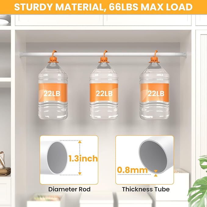 Closet Rods for Hanging Clothes, 17-98 Inch No-Cut Stepless Adjustable Closet Rod, 1.3 Inch Heavy Duty Metal Closet Hanging Rod with Brackets, White Closet Bar for Closet, Laundry Room, RV, Wardrobes
