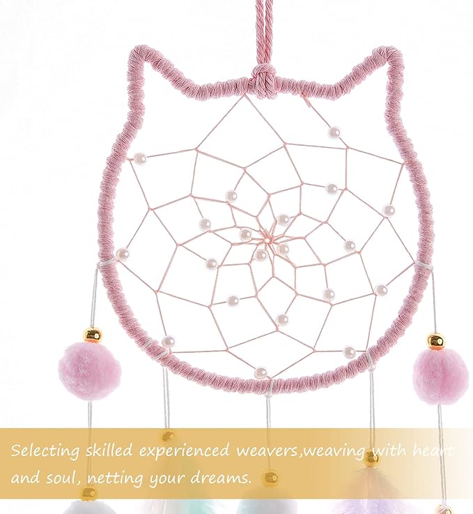 Pretty Jolly Pink Cat Kids Dream Catcher Wall Decor Pompom Feather Baby Dreamcatcher Handmade Children Dream Catcher Home Décor Wall Hanging for Nursery Bedroom Boys Girls Birthday Gift-25.6in