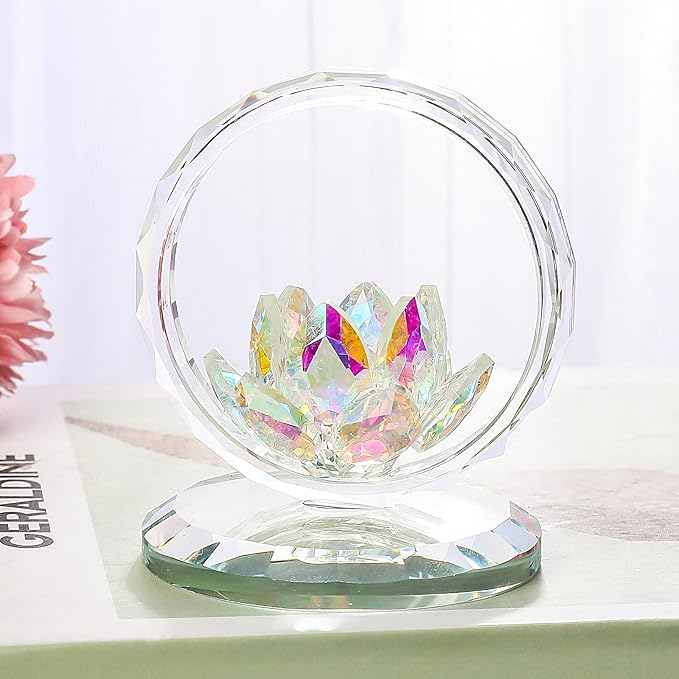 LONGWIN Crystal Lotus Flower Basket Figurine Collectible Glass Flowers Art Decor Reflection Feng Shui Decorative Ornaments for Living Room Bedroom Office AB - Coated