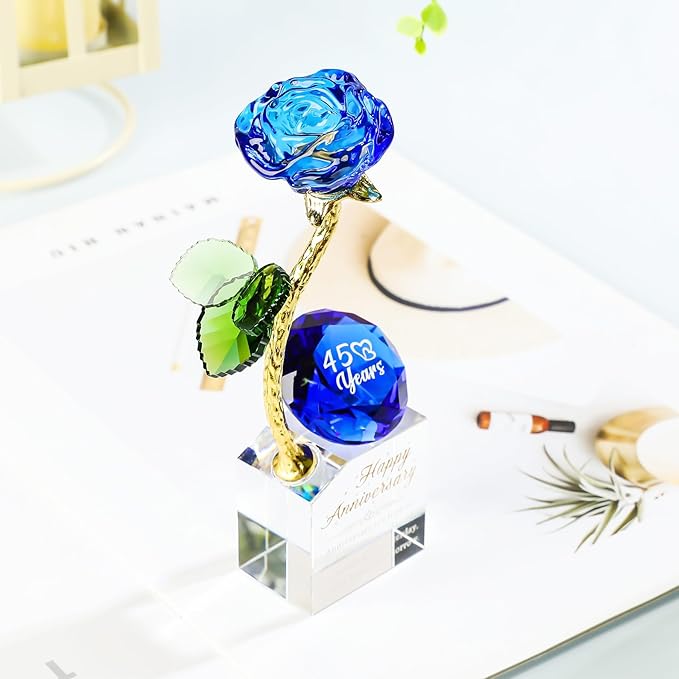 YWHL 45th Wedding Anniversary Rose Gifts for Parents, 45 Years Happy Anniversary Sapphire Gift for Couples, Romantic Sapphire Wedding Keepsake for Wife Her, Crystal Rose Figurine with Blue Diamond
