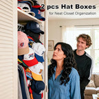 2 PCS Stackable Hat Storage for Baseball Caps, Space Saving Hat Organizer Box for Closet, with Cardboard, Clear Window Lid and 3 Handle, Each Holds 12 Hats, Grey