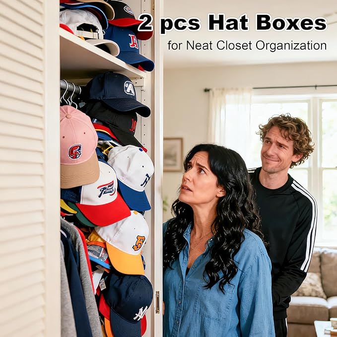 2 PCS Stackable Hat Storage for Baseball Caps, Space Saving Hat Organizer Box for Closet, with Cardboard, Clear Window Lid and 3 Handle, Each Holds 12 Hats, Grey