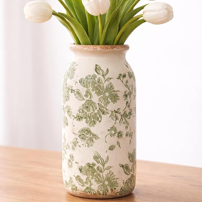 Vintage Green Floral Ceramic Vase, 8 Inch Crackle Glaze Rustic Handmade Vase, Decorative Pottery for Fresh or Dried Flowers, Farmhouse Cottage Modern Rustic Decor