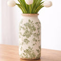 Vintage Green Floral Ceramic Vase, 8 Inch Crackle Glaze Rustic Handmade Vase, Decorative Pottery for Fresh or Dried Flowers, Farmhouse Cottage Modern Rustic Decor