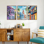 KAlRNE Vintage Cityscape Framed Canvas Wall Art Set of 3(16”X24”),Watercolor Street Scenery Wall Decor,Colorful Tropical Building Painting,Texture Botanical Art Prints For Living Room Bedroom Office