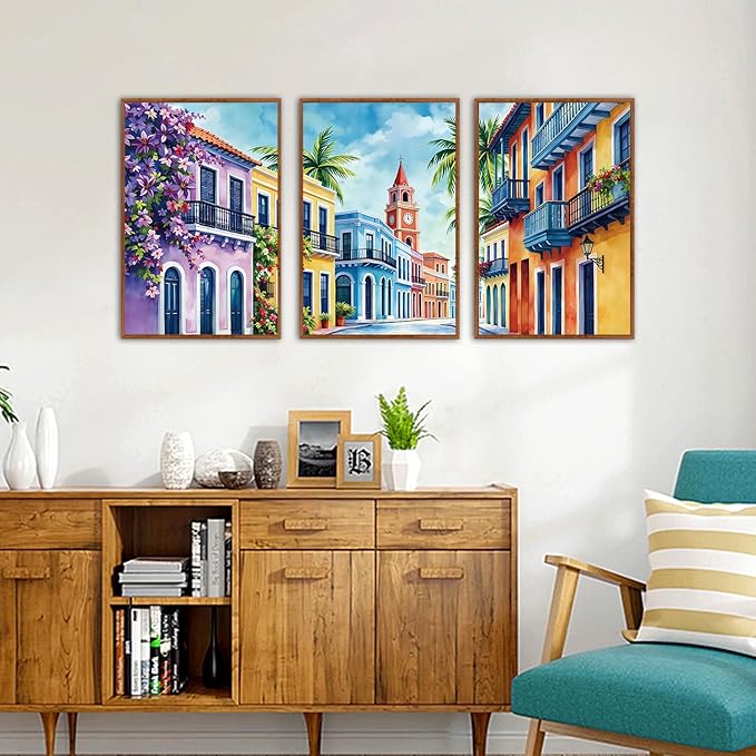 KAlRNE Vintage Cityscape Framed Canvas Wall Art Set of 3(16”X24”),Watercolor Street Scenery Wall Decor,Colorful Tropical Building Painting,Texture Botanical Art Prints For Living Room Bedroom Office