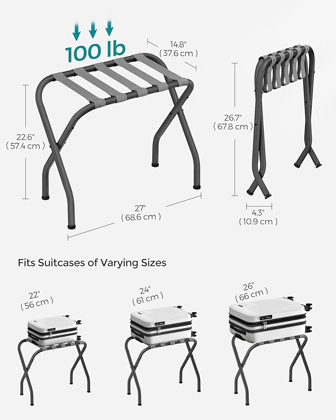 SONGMICS Luggage Rack, Pack of 2, Luggage Racks for Guest Room, Suitcase Stand, Steel Frame, Foldable, for Bedroom, Gray URLR64GS-2