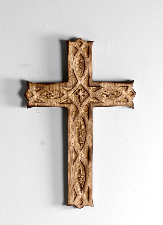 ARTISENIA Wooden Wall Cross Plaque 9" Long Hanging with Hand Carvings Religious Altar Home Living Room Decor