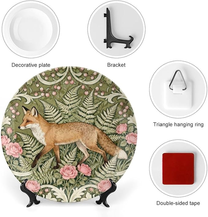 William Morris Style Art Wildflowers And Fox Decorative Plate Decor for Farmhouse Home Wall Personalized Thanksgiving Idea Gifts Chinese Plates with 1 Display Stand, Multi Sizes by Choosing