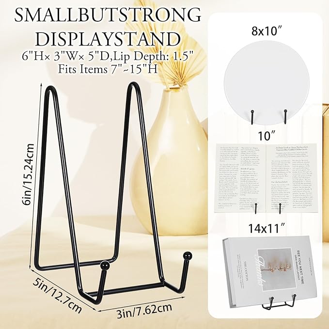 12 Pack 6 Inch Metal Plate Display Stands, Black Multi-Purpose Easel Stands for Photos/Books/Plaques/Artwork, Tabletop Holder