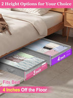 3-Inch High Under Bed Storage Containers, Low Profile Underbed Bins, NO RIGID STRUCTURE, Foldable Clothes Storage Organizer w/Lid & Zipper, Shallow Storage for Low Beds, Couches & Cribs, 2-Pack, Gray