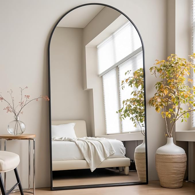 Prywot Arched Full Length Mirror, 71"x30" Free Standing Floor Mirror, Modern Full Body Mirrors with Stand, Wall Mirrors with Aluminum Alloy Frame for Bedroom,Living Room, Black