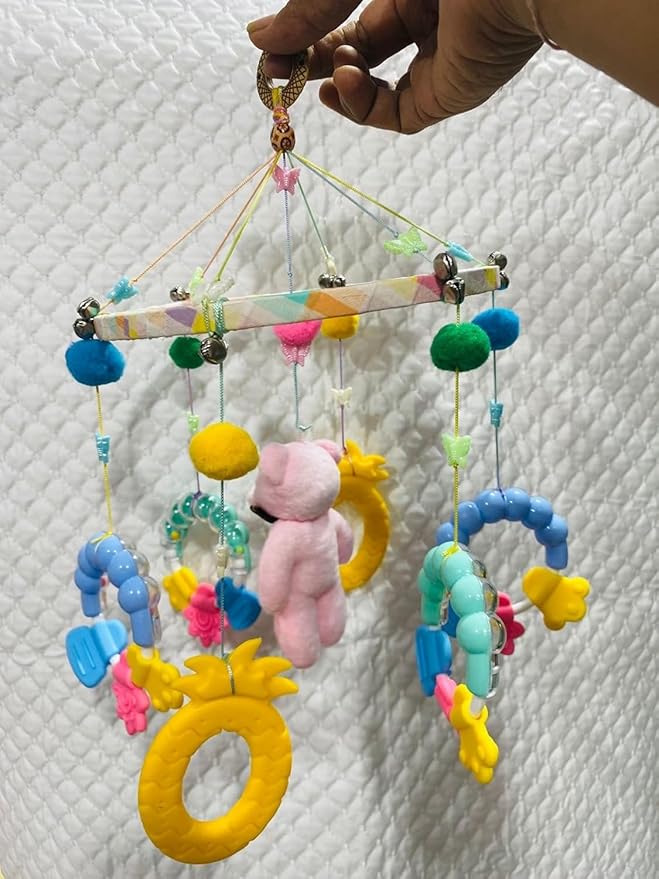 Colorful Hanging Mobile Decor with Soft Teddy, Rattles & Teething Rings – Decorative Hanging Ornament