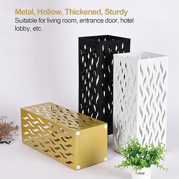 Umbrella Organizer, Multifunctional Umbrella Holder, Hollow Pattern Design Square Shape Umbrella Stand Rack, Metal Umbrella Basket Holder Stand for Home Hotel (White)
