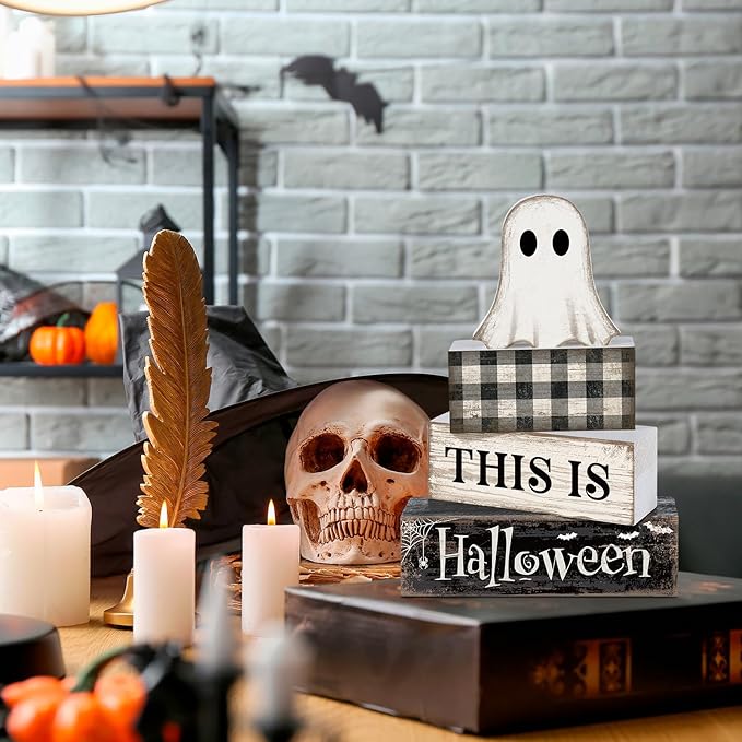 Lineshading 4 Pcs Ghost Halloween Decor Black and White Halloween Tiered Tray Decor Ghost Table Centerpiece Decorations Rustic Wooden Block Sign Gift for Home Shelf Kitchen Coffee Bar