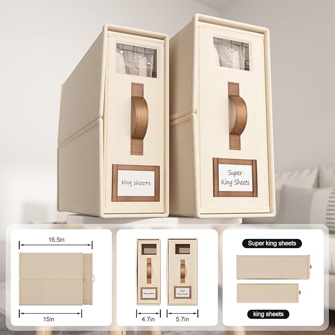 8 Pack Foldable Bed Sheets Set Organizers and Storage(Cal King Size),Linen Fabric Closet Organizers with Window,Folding Bedding Storage Box for Bedsheets and Pillow Cube Organizer-Beige