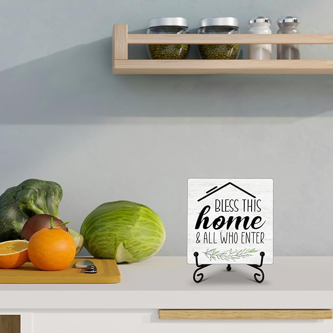 Welcome Home Sign, Blessed Signs for Home Decor, Farmhouse Wooden Plaque with Iron Stand, 5.12 Inches Square, Tabletop Decorative Plaque