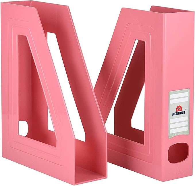 Acrimet Magazine File Holder Bin Storage, Vertical Rack for Documents, Folders and Mail, Durable Plastic Desk Organizer for Office & Home (Solid Pink Color) (2 Pack)