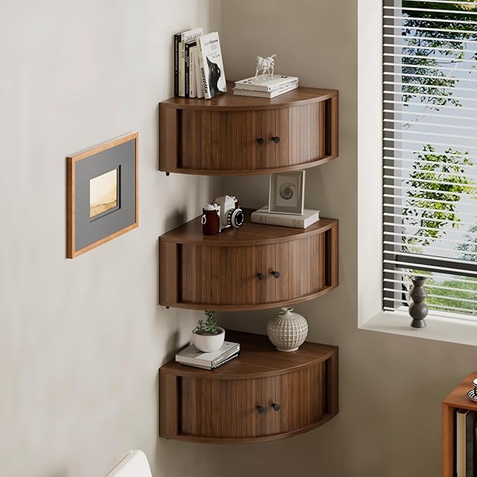 Corner Shelves Wall Cabinet Set of 3, Floating Corner Shelf Organizer with Sliding Doors, Fluted Wall Cabinet for Living Room, Bedroom, Office, Small Space, Walnut (Curved, 15.74“)