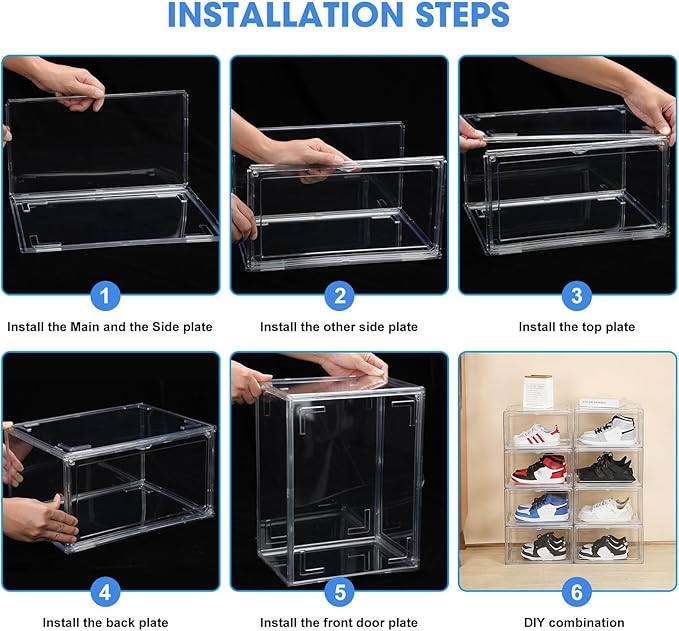 HIYOHIYO 2-Pack Acrylic Clear Stackable Shoe Boxes, 360 Clear Acrylic Display Shoes Boxes, Fully Transparent Display Box with Magnetic Door, Clear Shoe Storage Boxes Stackable, Size 14