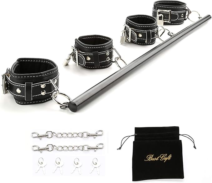 EXREIZST Expandable 3 in 1 Spreader Bar Set with Bag and 4 Premium Soft Pad Leather Straps with 2 Chains Adjustable Home Yoga Bar Kit, Black