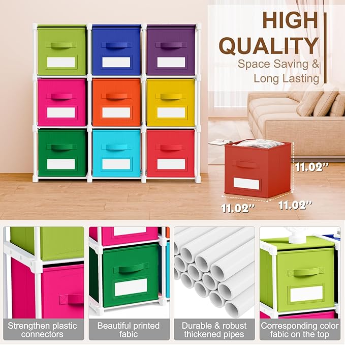 Geelin 9 Cube Toys Storage Organizer with Fabric Bins and Labels, 11 Inch Collapsible Cubby Storage Drawers Colorful Dresser with Shelf for Playroom Nursery Closet Bedroom Dorm Decor