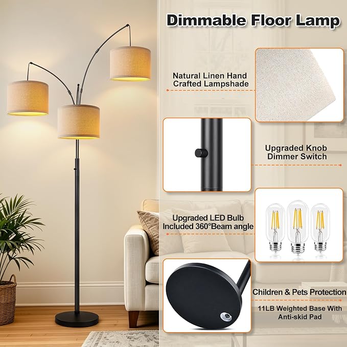 Dimmable 3 Lights Floor Lamp - 3000LM Super Bright Arc Floor Lamps for Living Room, Modern Tall Standing Lamp With Beige Shades, Mid Century Tree Floor Lamp for Bedroom Office, 3 LED Bulbs Included