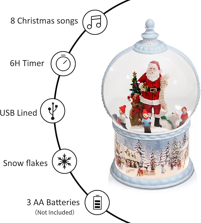 Christmas Snow Globes Musical,6H Timer Cylinder Glitter Snow Globe,White Snow Globes Christmas with Music Box Including 8 Songs, Battery Or USB Cable Powered