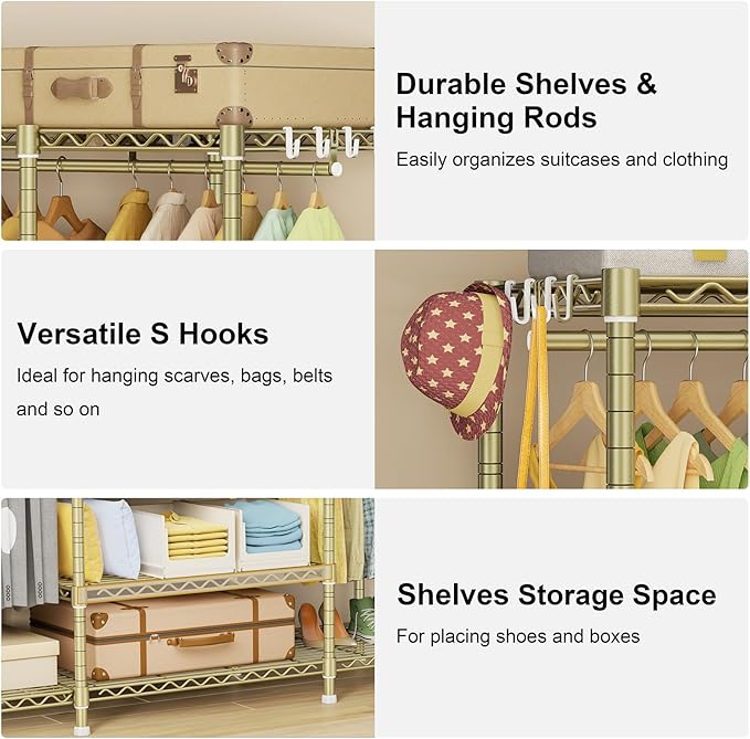 Ulif E3 Heavy Duty Garment Rack, 4 Tiers Freestanding Closet Organizer System with 5 Shelves, Metal Closet Organizer and Storage System for Clothes, Max Load 850lbs, 58.4" W x 15.7" D x 77.3" H, Gold