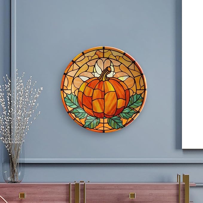 Decorative Plates, Stained Glass Pumpkin & Leaves Ceramic Dinner Plate Home Wobble-Plate with Display Stand, Autumn Wall Hanging Decor for Living Dining Room Kitchen Household 7 Inch