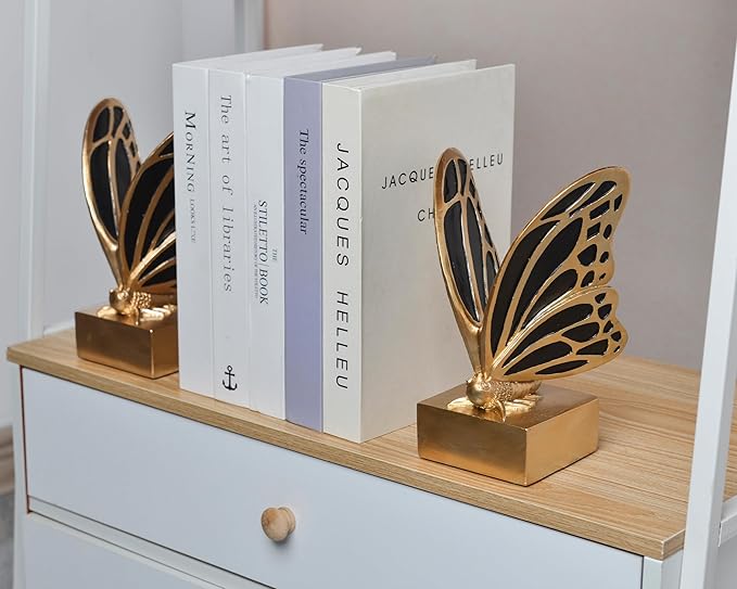 Vintage Brass Butterfly Bookends,Resin Book Ends for Shelves,Heavy Duty Decorative Bookends,Creative Book Stopper Holder Decor for Desk Home Office,Shelf Decoration,Gifts for Mother's Day