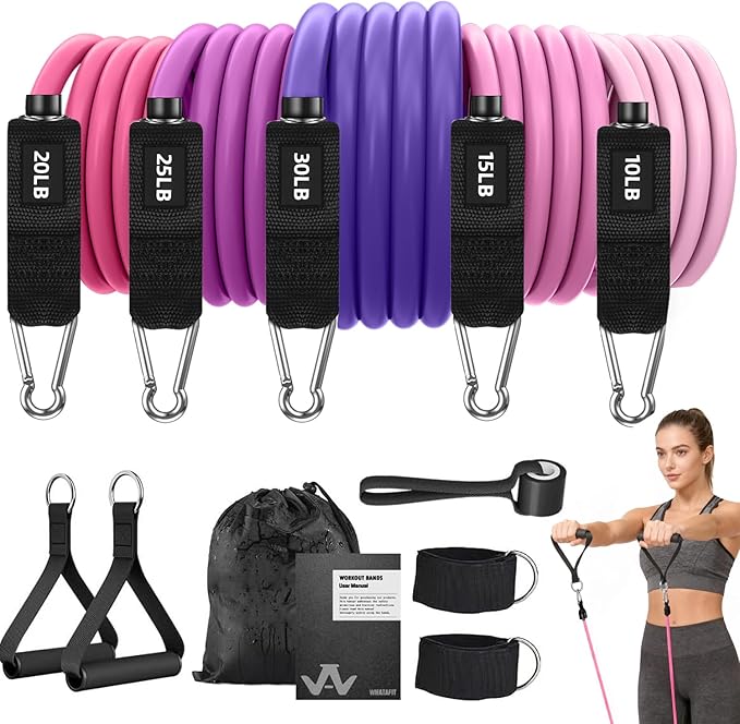 WHATAFIT Resistance Bands Set with Handles - Exercise Bands Home Gym Strength Training Equipment, Includes Door Anchor & Ankle Straps for Full Body Workout Bands, Physical Therapy - for Men and Women