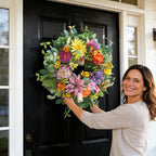 24 Inch Spring Summer Wreaths for Front Door Outside, Luxury Colorful Seasonal Floral Wreath with Chrysanthemums Roses Tulips & Berries, Faux Spring Summer Door Wreath for Outdoor Home Decor