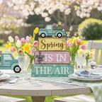 Moucuny 4 Pcs Spring Table Decor Wooden Blue Truck Decoration Flower Centerpiece Spring Tiered Tray Decor Decorative Colorful Flower Block Signs Gift Farmhouse Decoration for Home Kitchen