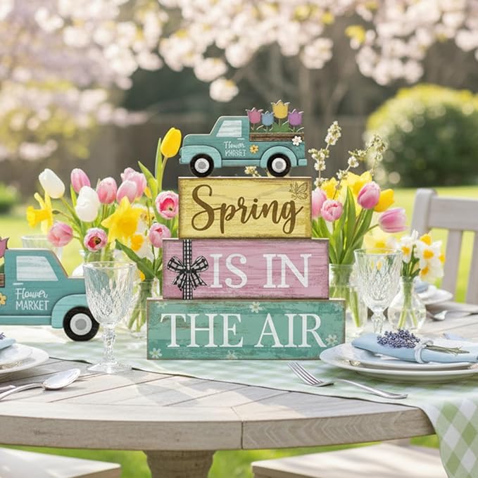 Moucuny 4 Pcs Spring Table Decor Wooden Blue Truck Decoration Flower Centerpiece Spring Tiered Tray Decor Decorative Colorful Flower Block Signs Gift Farmhouse Decoration for Home Kitchen